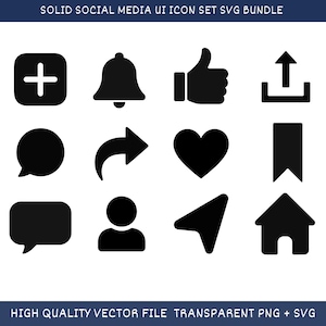 May include: A collection of black social media UI icons, such as a plus sign, bell, thumbs up, upload arrow, speech bubble, share arrow, heart, bookmark, user, location pin, and house. The text at the top says "SOLID SOCIAL MEDIA UI ICON SET SVG BUNDLE".