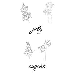 May include: Black and white line drawings of flowers, including snapdragons and poppies, are arranged on a white background. The word "july" is written in cursive above the flowers, and the word "august" is written in cursive below the flowers.