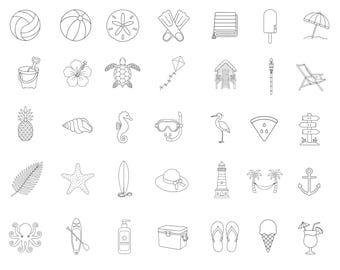 Op de afbeelding: Een verzameling zwart-witte pictogrammen met betrekking tot de zomer en het strand. Inclusief een volleybal, strandbal, zanddollar, zwemvliezen, handdoek, ijsje, parasol, zandemmer, hibiscusbloem, schildpad, vlieger, strandhut, fakkel, strandstoel, ananas, zeeschelp, zeepaardje, snorkel, vogel, watermeloen, wegwijzer, blad, zeester, surfplank, zonnehoed, vuurtoren, palmbomen, hangmat, anker, octopus, paddleboard, zonnebrandcrème, koelbox, slippers, ijsje en een cocktail.