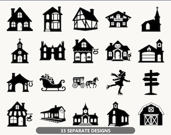 Op de afbeelding: Een digitale collectie van 33 zwarte silhoueticonen met kerstdorpgebouwen, een paardenkoets, een slee met cadeaus, een schaatsende persoon en een wegwijzer. De tekst luidt 33 CHRISTMAS VILLAGE SVG BUNDLE en 33 SEPARATE DESIGNS.