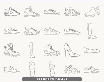 Op de afbeelding: Een digitale collectie getiteld 65 SHOE LINE ICONS SVG BUNDLE met diverse zwart-wit lijntekeningen van schoeisel, waaronder sneakers, laarzen, hoge hakken, sandalen en nette schoenen, met 65 afzonderlijke ontwerpen in SVG en PNG.
