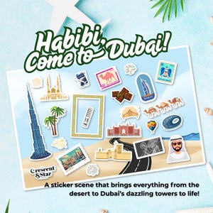 Habibi, Come to Dubai – stickeractiviteit voor kinderen | Dubai reis- en cultuurset | Vinylstickers met Midden-Oosters thema | Eid- of ramadancadeau