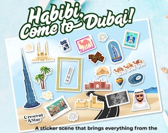 May include: A colorful sticker scene with the text "Habibi, Come to Dubai!" and images of landmarks, including the Burj Khalifa, a camel, a desert scene, and a hot air balloon. The scene is set against a blue background with a passport and seashells.