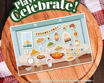 May include: A colorful playset with stickers featuring a Ramadan and Eid theme. The playset includes a table with food, a window, and a crescent moon. The text "Play. Stick. Celebrate!" is at the top of the image. The text "EID MUBARAK" and "RAMADAN MUBARAK" are also included in the image.