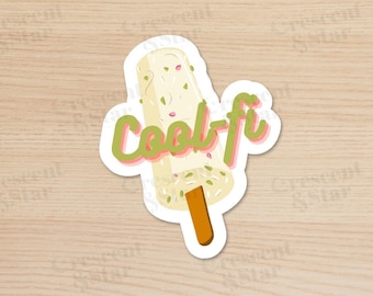 May include: A sticker of a white popsicle with green and pink sprinkles and the text "Cool-fi" in a green, pink, and yellow font.