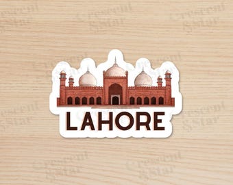May include: A sticker featuring a red and white illustration of a mosque with the word "LAHORE" printed below it.