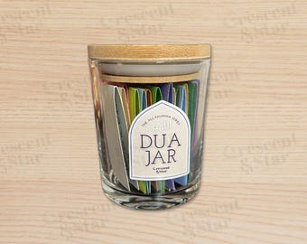 May include: A glass jar with a wooden lid filled with colorful paper slips. The jar has a label that says "The Allahuma Series Dua Jar Crescent & Star".