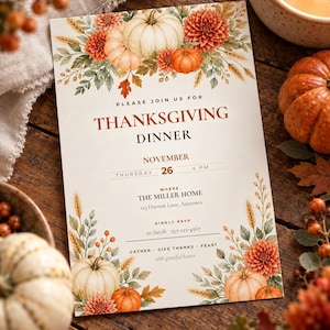 Thanksgiving Invite Bundle, Watercolor Fall Dinner Party Set with Menu and Place Cards