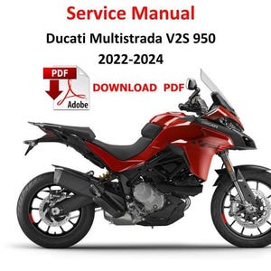 Può includere: Una motocicletta Ducati Multistrada V2S 950 rossa, modelli 2022-2024, è mostrata su sfondo bianco. L'immagine include il testo "Service Manual" e "Download PDF". La moto ha dettagli neri e un parabrezza trasparente.