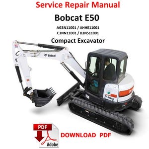 Puede incluir: Una excavadora compacta Bobcat E50 blanca y negra. La imagen incluye el texto "Service Repair Manual" y los números de modelo. También es visible un icono de descarga de PDF.