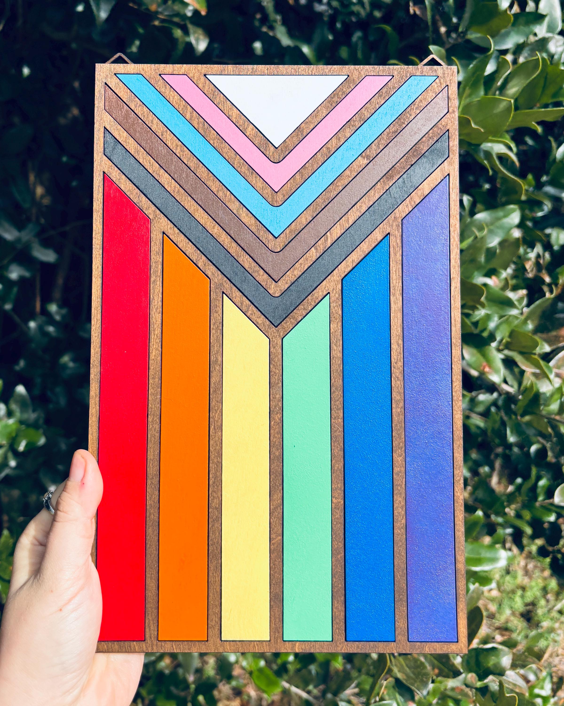 Hand Painted Wooden Pride Flag Wall Hanging | All Inclusive Pride Flag | Progress Pride Flag | Rainbow | LGBTQIA+ | Love is Love |