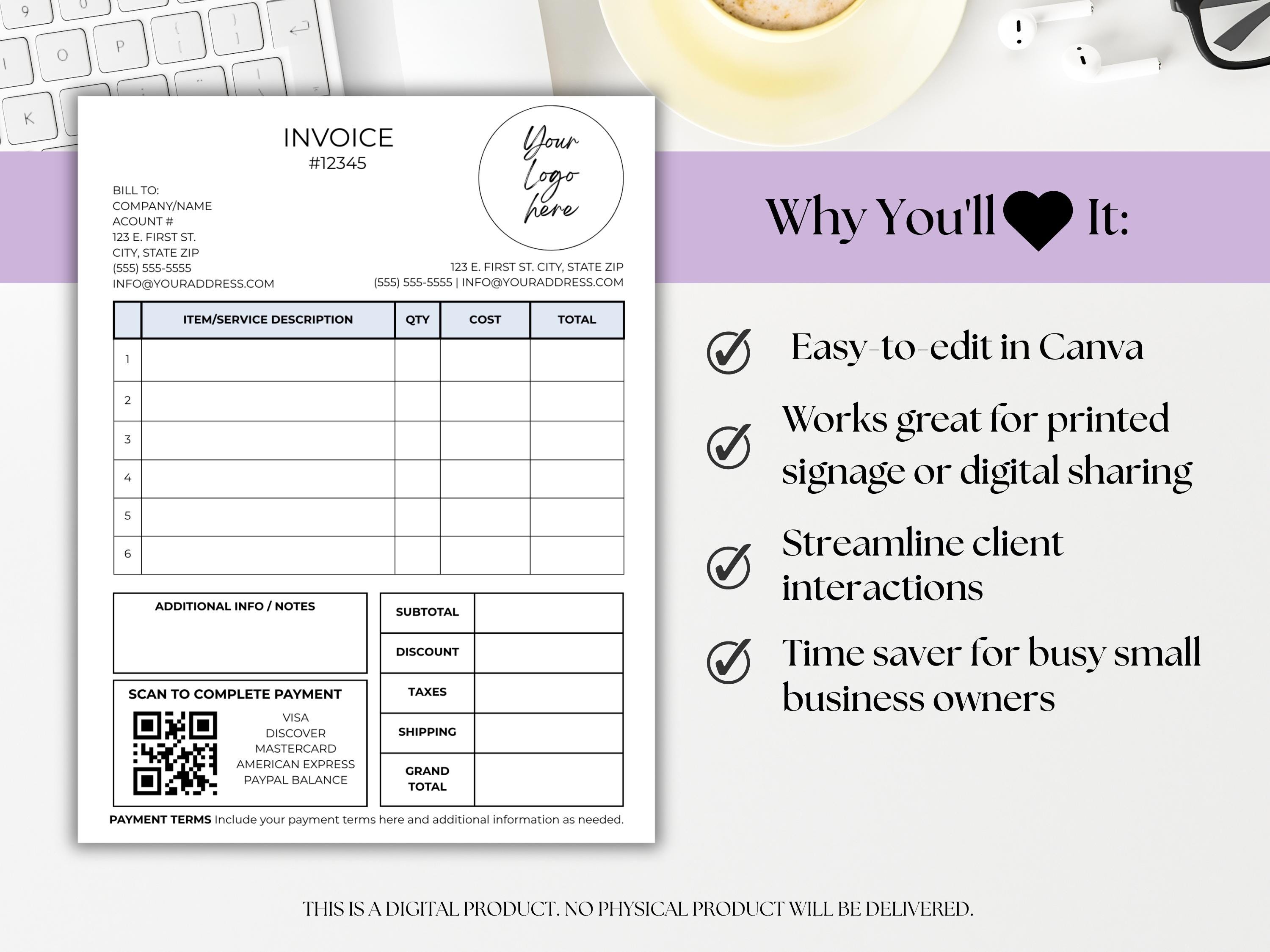 QR Code Invoice Template Scan to Pay Zelle Venmo Payment Editable Canva ...