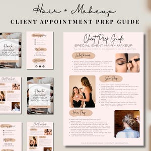 Könnte beinhalten: Ein Leitfaden zur Vorbereitung von Kundenterminen für Haar- und Make-up-Services. Der Leitfaden enthält Tipps zu Kleidung, Hautvorbereitung und Haarvorbereitung. Der Leitfaden ist in einer weichen, neutralen Farbpalette mit eleganter Typografie gehalten.