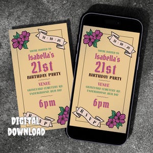 Tattoo skater verjaardagsuitnodiging, paarse bloemen en scrolls digitale uitnodiging, gotische tattoo-stijl lettertype, canvassjabloon, download aanpassen