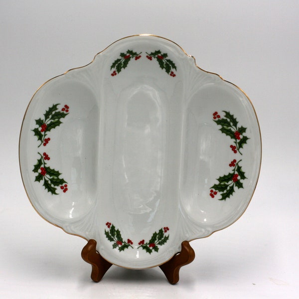 vintage Christmas Holly fine porcelain divided dish made in Japan