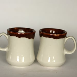 vintage walker china white restaurant ware coffee mugs with brown drip glaze/set of two image 1