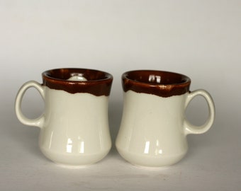 vintage walker china white restaurant ware coffee mugs with brown drip glaze/set of two