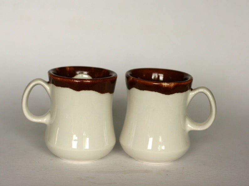 vintage walker china white restaurant ware coffee mugs with brown drip glaze/set of two image 1