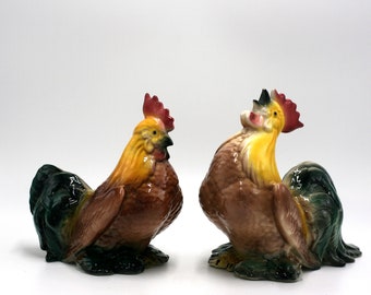 vintage ceramic rooster and hen figurines