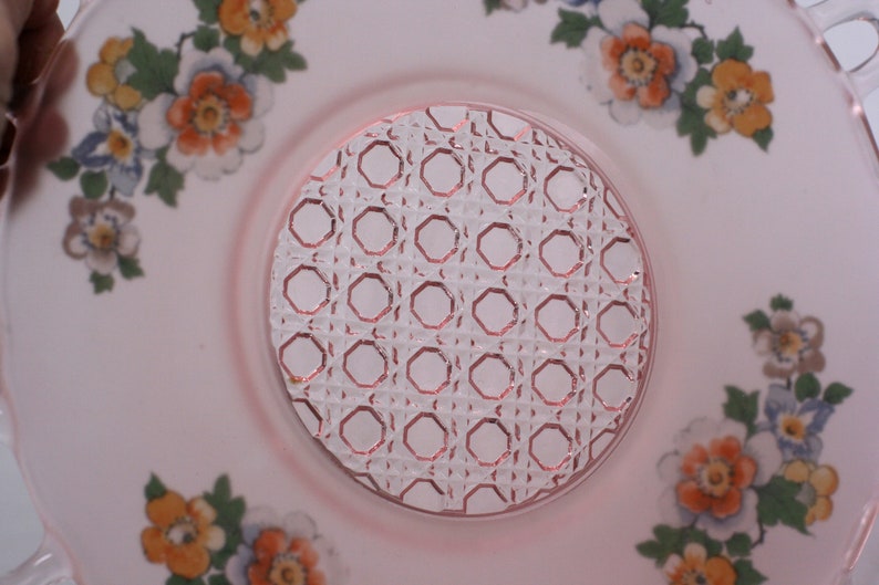 vintage pink satin depression glass plate with lace edge. reverse painted image 4