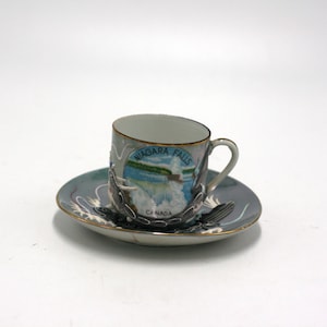 May include: A white porcelain teacup and saucer with a blue and white image of Niagara Falls, Canada. The cup has a gold rim and the saucer has a gold rim and a blue and white floral design.