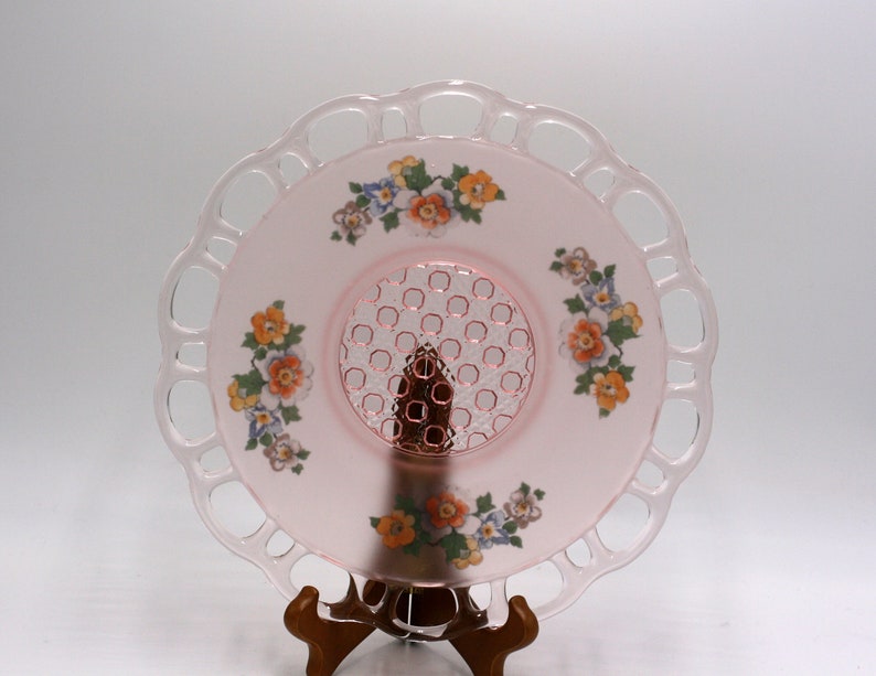 vintage pink satin depression glass plate with lace edge. reverse painted image 2