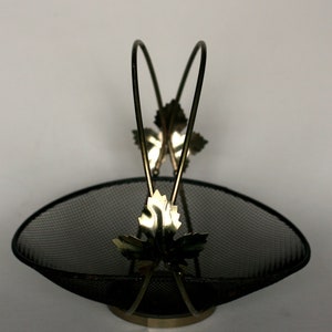 vintage mid century black mesh basket with double handle and leaf detail image 4