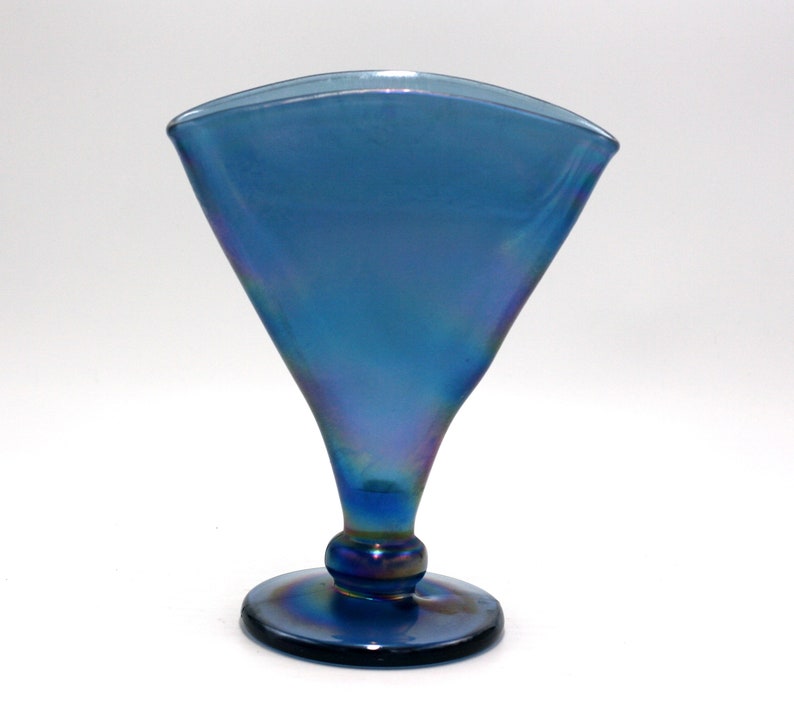 vintage Fenton iridescent blue stretch glass fan vase image 1