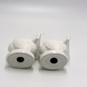 May include: Two white ceramic owl figurines with textured feathers. The owls are facing each other and have a hole in the bottom of their bases.