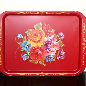 vintage Red Metal Tole Tray with Floral pattern