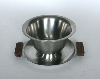 vintage mid century modern stainless steel condiment server with sttached saucer and wood handles made in japan