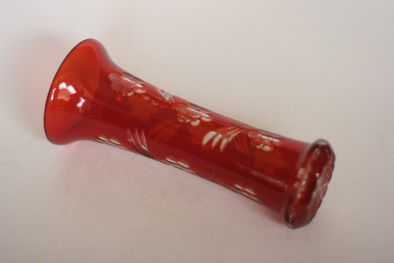vintage bohemian cut to clear red glass vase image 4