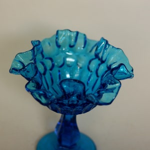 vintage fenton colonial blue thumbprint footed compote with ruffled edge image 2