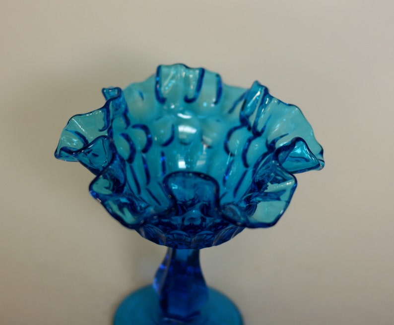 vintage fenton colonial blue thumbprint footed compote with ruffled edge image 2