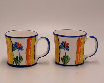 vintage Clay Craft mugs/hand painted/bone china/blue yellow orange