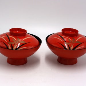 vintage red lacquer rice bowls made in Japan
