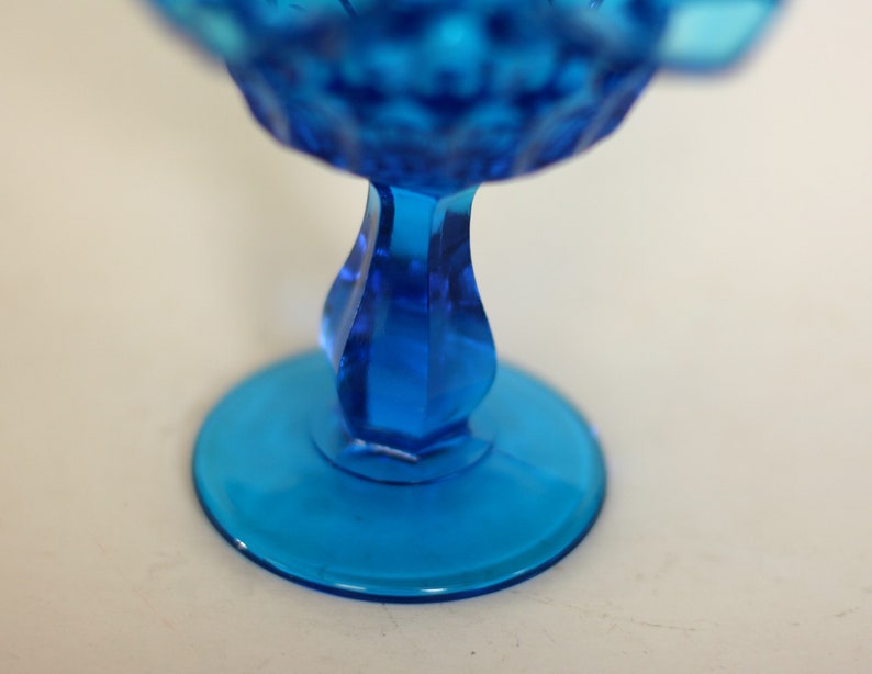 vintage fenton colonial blue thumbprint footed compote with ruffled edge image 3