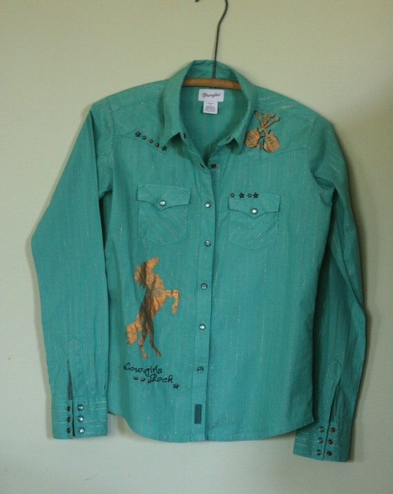 wrangler cowgirl shirt teal with gold transfers an
