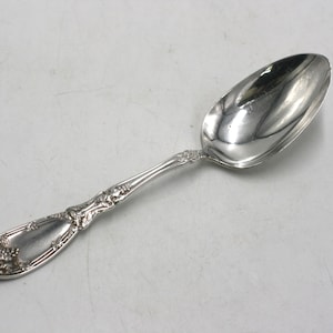 May include: A silver spoon with an ornate handle and a large, oval bowl. The handle features a detailed floral design. The spoon is likely vintage or antique, and is made of a shiny, reflective metal.