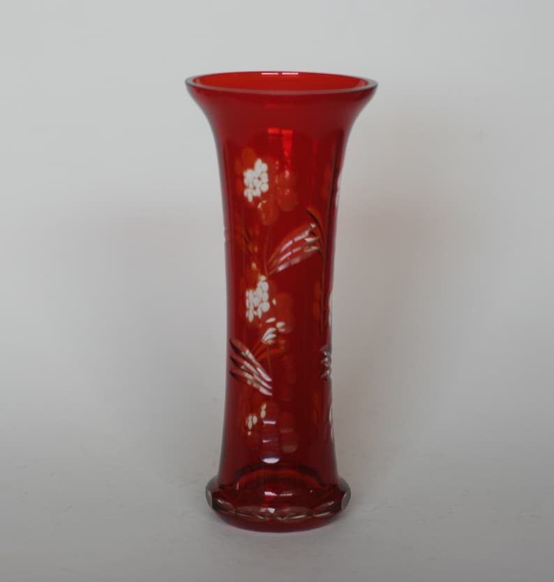 vintage bohemian cut to clear red glass vase image 1