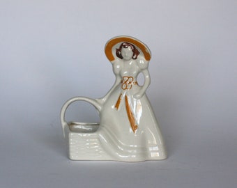 vintage ceramic lady with basket planter made in USA