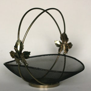 vintage mid century black mesh basket with double handle and leaf detail image 3