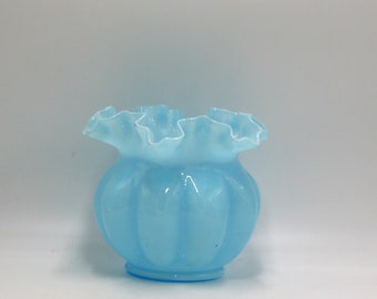 vintage Fenton blue melon glass vase with ruffled edge