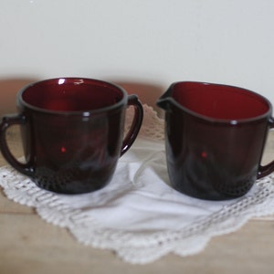vintage ruby red creamer and sugar
