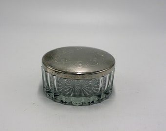 vintage glass powder jar with silver plate lid