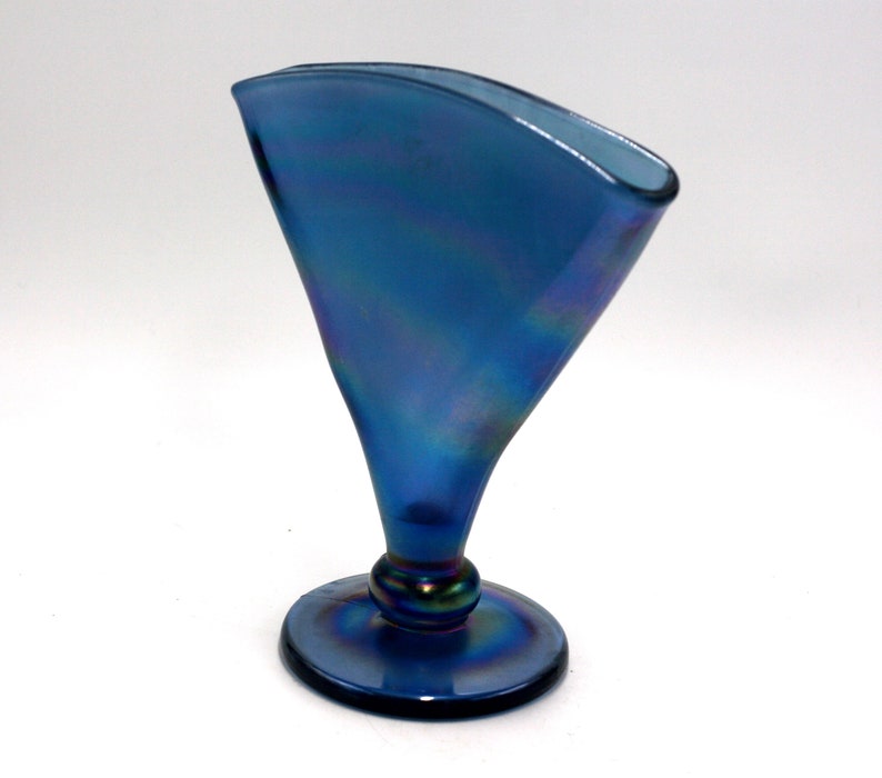 vintage Fenton iridescent blue stretch glass fan vase image 7