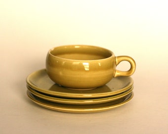 vintage russel wright steubenville cup and saucers in acid green