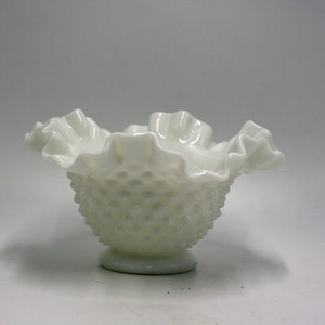vintage Fenton milk glass hobnail bowl with ruffled edge