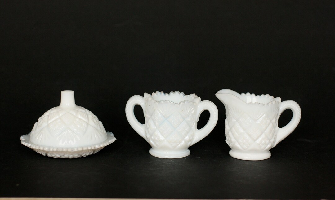 Vintage Childs Toy Milk Glass Creamer and Sugar With Butter Dish Etsy