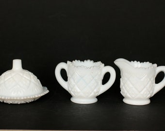 vintage childs toy milk glass creamer and sugar with butter dish